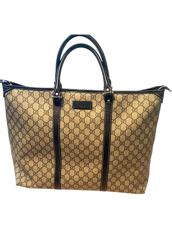 Gucci Handbags - Gucci Beige GG Canvas Tote Bag with Dark Brown Leather Trim